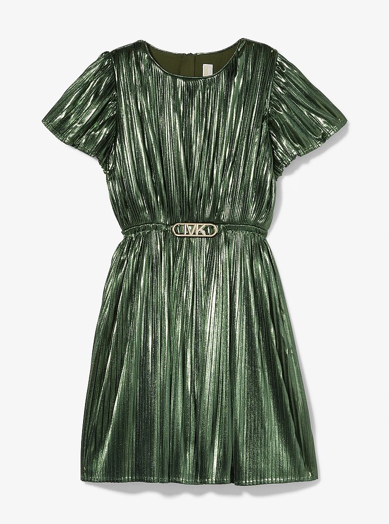 Pleated Lam&eacute; Belted Dress