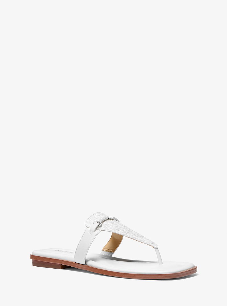 Lena Signature Logo and Leather T-Strap Sandal in OPTIC WHITE | Michael Kors