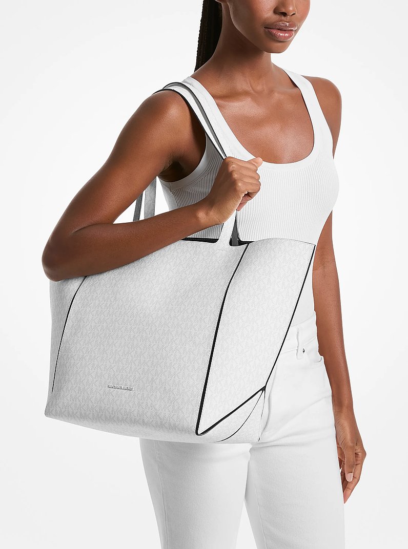 Borsa tote Jordi grande con stampa logo in BIANCO OTTICO/ALLUMINIO | Michael Kors