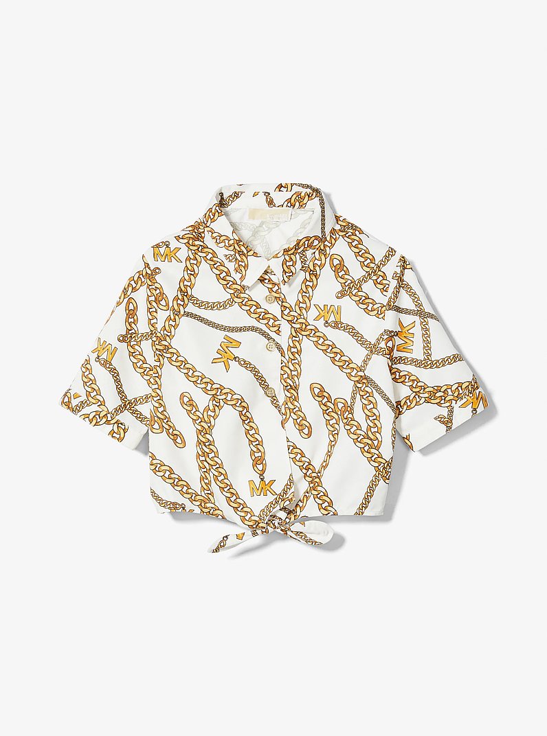 Chain-Link Logo Print Woven Blouse in WHITE/GOLD | Michael Kors