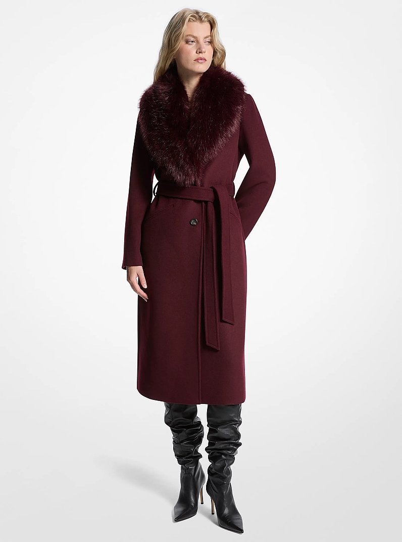 Faux Fur Trim Wool Blend Coat in OXBLOOD | Michael Kors