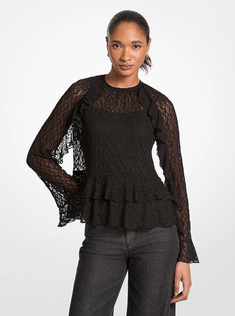 Ruffled Floral Lace Top  in BLACK | Michael Kors