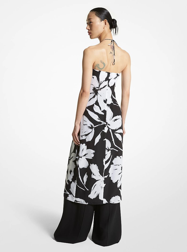 Sarong-Tunika aus Cr&ecirc;pe de Chine mit Blumenmuster im Pinselzeichnungs-Stil in WEISS/SCHWARZ | Michael Kors