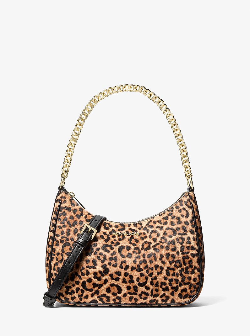 Jet Set Travel Large Leopard Print Calf Hair Convertible Pochette in CAMEL MLT | Michael Kors