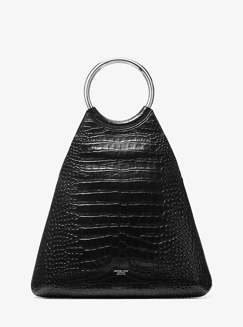 Ursula Large Crocodile Embossed Leather Ring Tote Bag in BLACK | Michael Kors