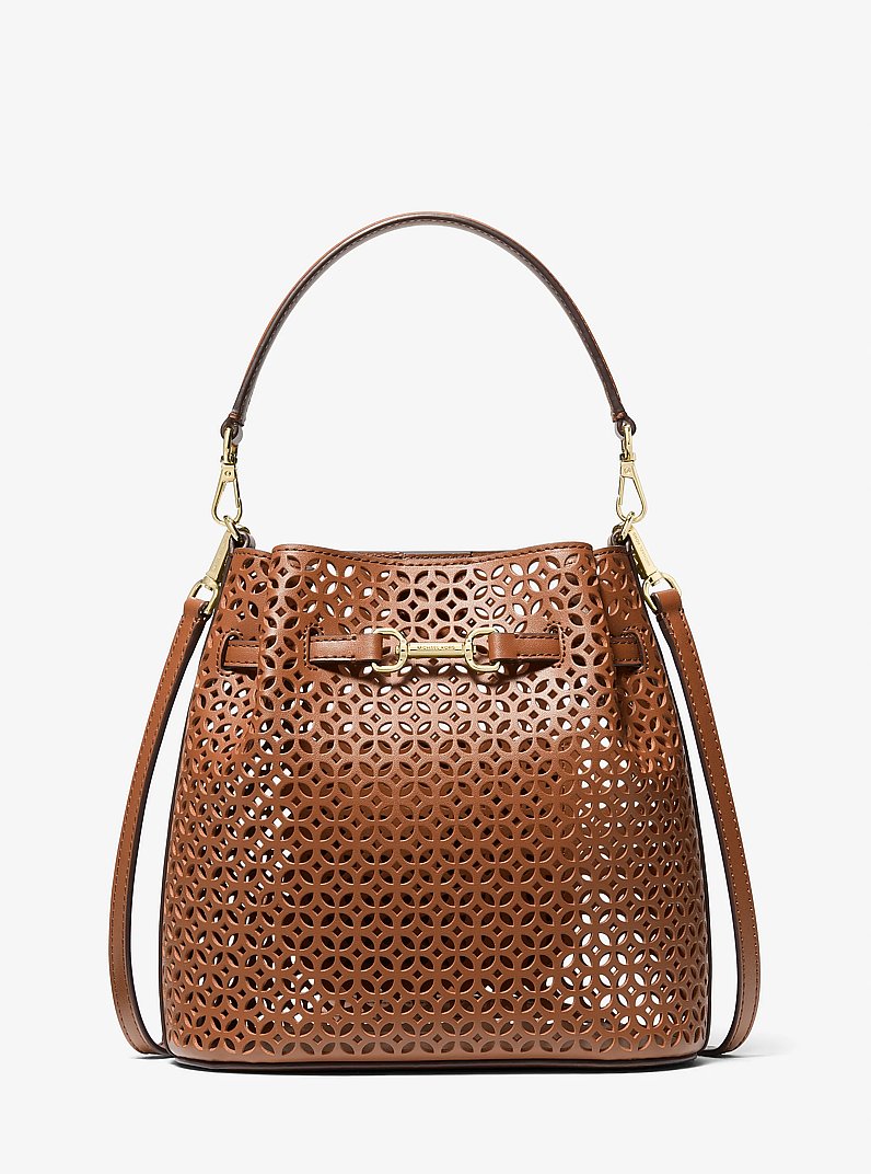 Carson Small Floral Laser Cut Bucket Crossbody Bag in LUGGAGE | Michael Kors