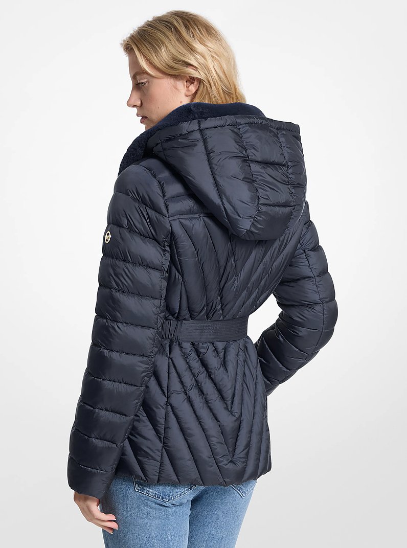 Faux Fur Trim Packable Nylon Puffer Jacket in MIDNIGHTBLUE | Michael Kors