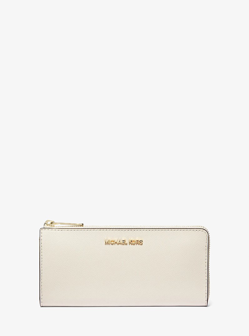 Jet Set Travel Large Saffiano Leather Quarter-Zip Wallet in LT CREAM | Michael Kors