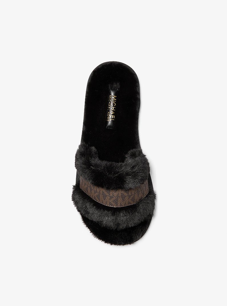 Alexis Faux Fur and Metallic Signature Logo Slide Sandal in BLK/BROWN | Michael Kors