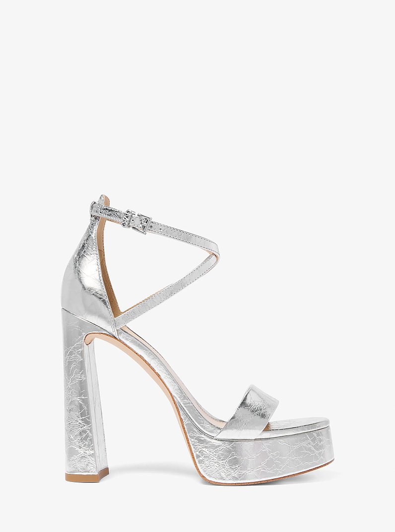 Cami Crackled Metallic Leather Platform Sandal in SILVER | Michael Kors