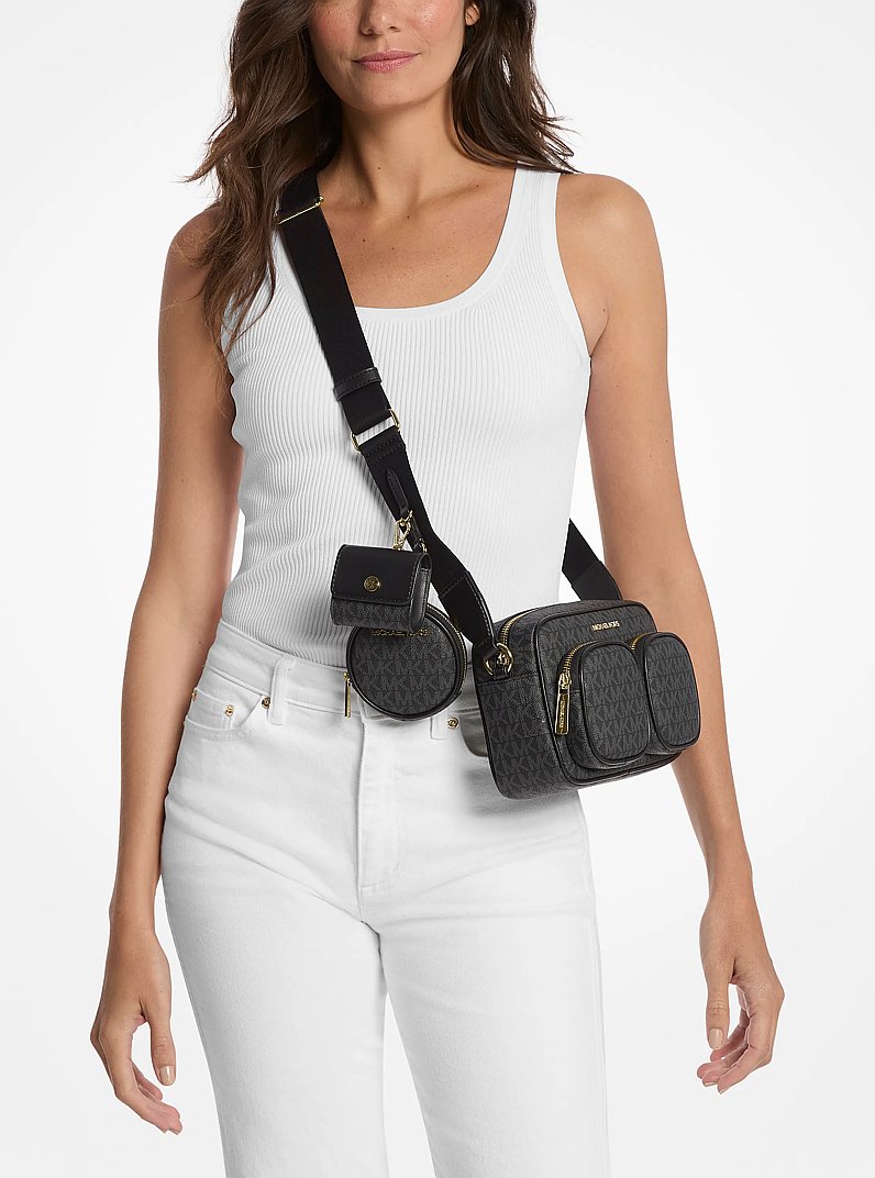 Jet Set Medium Signature Logo Crossbody Bag with Case for Apple Airpods Pro&reg; in BLACK | Michael Kors