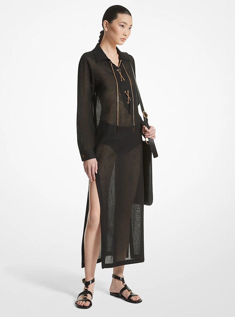 Linen Gauze Lace-Up Caftan in BLACK | Michael Kors