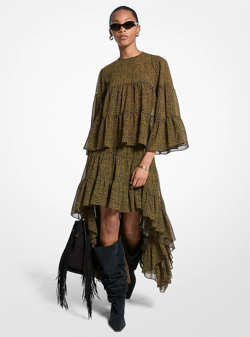 Jupe &agrave; volants en georgette asym&eacute;trique &agrave; imprim&eacute; cachemire in PISTACHE | Michael Kors