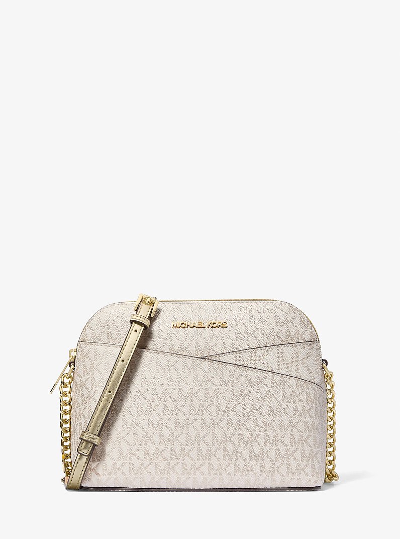 Sac &agrave; bandouli&egrave;re arrondi Jet Set Travel m&eacute;tallis&eacute; de taille moyenne &agrave; logo Signature in OR P&Acirc;LE | Michael Kors