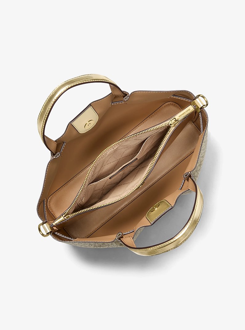 Carson Medium Metallic Signature Logo Satchel in PALE GOLD | Michael Kors