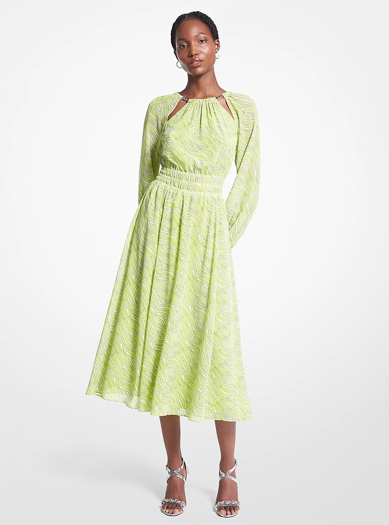Zebra Print Georgette Midi Dress in BRT LIMEADE | Michael Kors