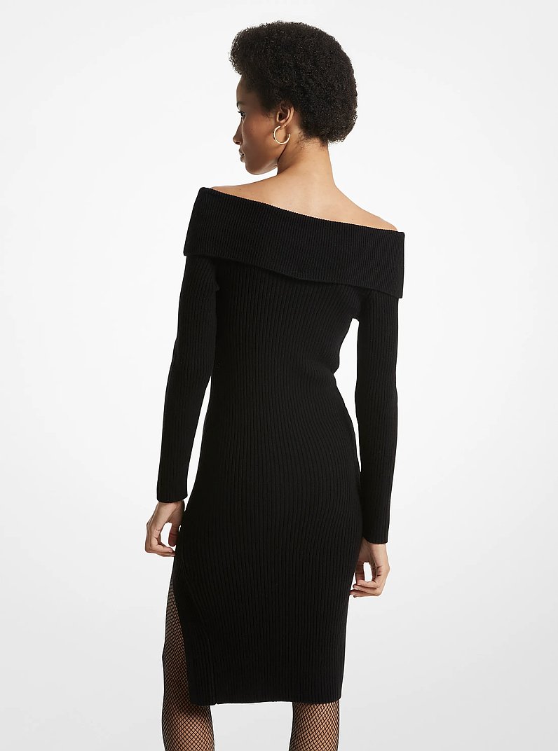 Off-The-Shoulder Ribbed Wool and Cashmere Dress in BLACK | Michael Kors