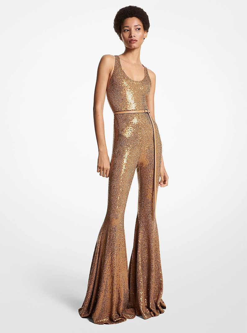 Ausgestellter Jumpsuit aus dichtem Stretch-Jersey mit von Hand aufgestickten Pailletten in KAMEL | Michael Kors
