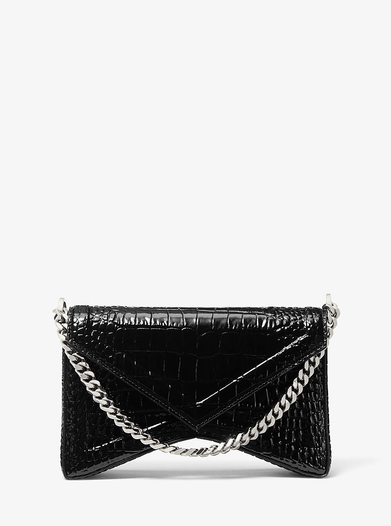 Manhatta Crocodile Embossed Patent Leather Shoulder Bag in BLACK | Michael Kors