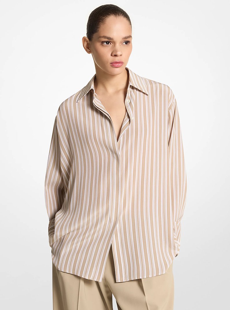 Striped Silk Crepe De Chine Boyfriend Shirt in Sand/Opt Wht | Michael Kors