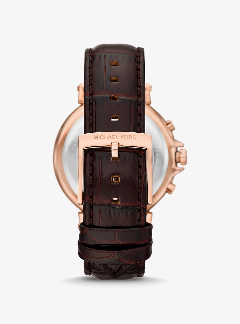 Oversized Maren Rose Gold-Tone and Crocodile Embossed Leather Watch in CHOCOLATE | Michael Kors