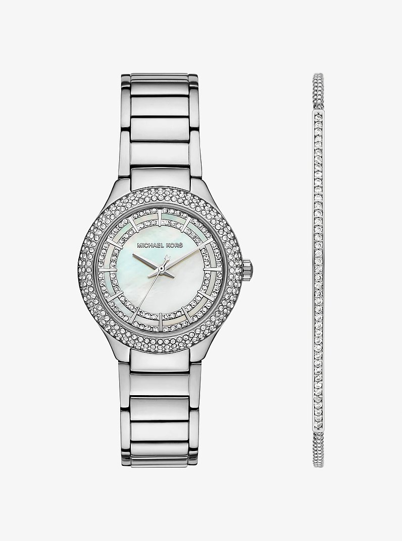 Mini Sylvia Pav&eacute; Silver-Tone Watch and Bracelet Gift Set in SILVER | Michael Kors