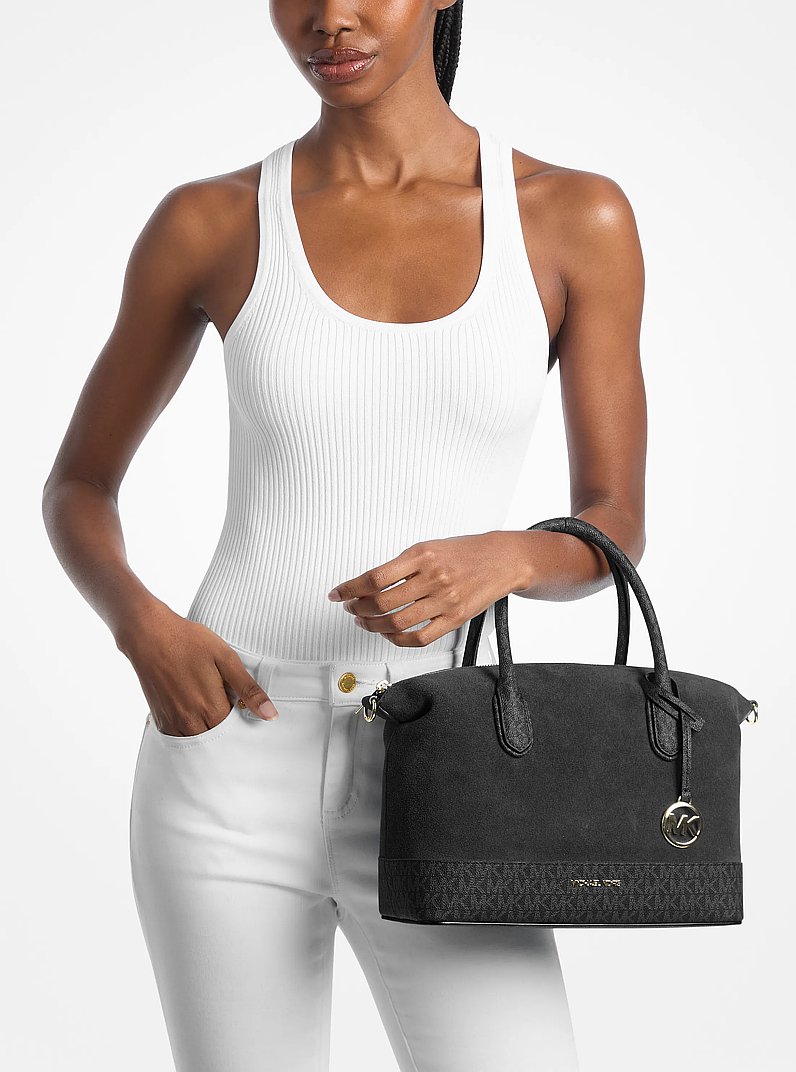 Hyde Medium Suede and Signature Logo Satchel in BLACK | Michael Kors