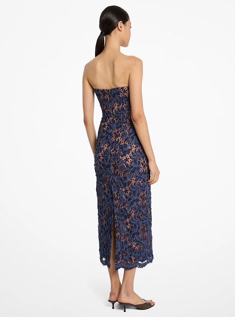 Denim Floral Soutache Lace Strapless Sheath Dress in INDIGO | Michael Kors