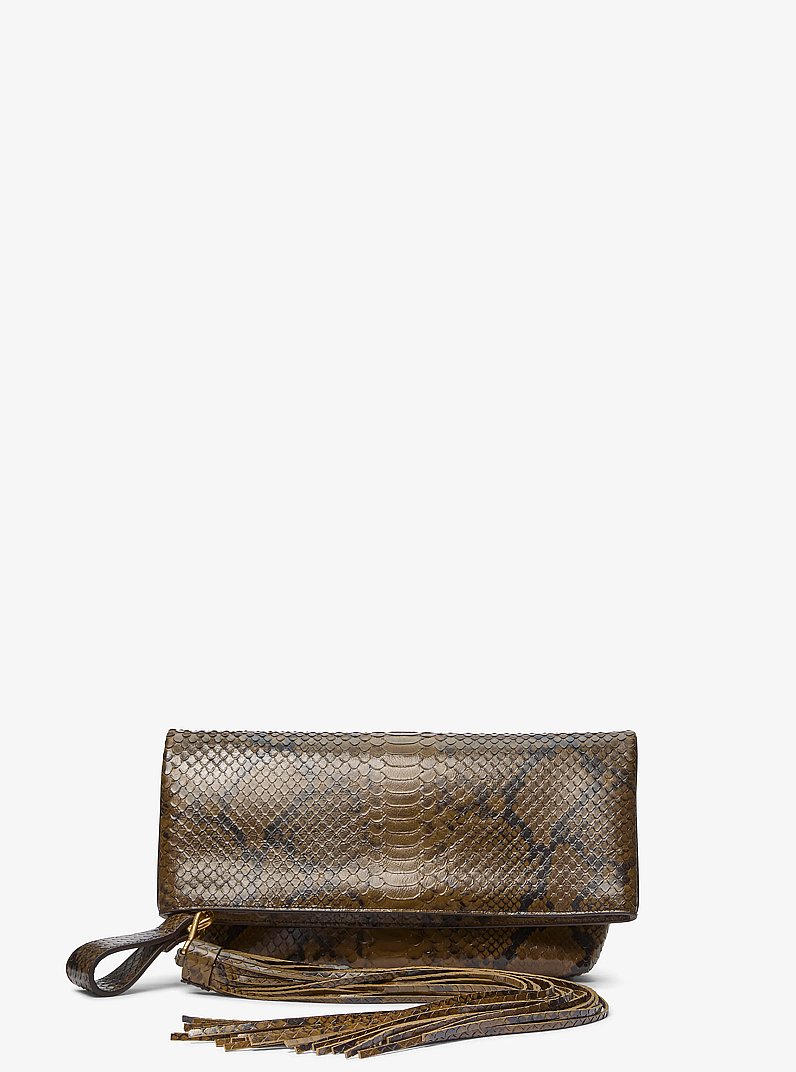 Bolso clutch plegable Lily de piel con dise&ntilde;o de serpiente en relieve in VERDE HINOJO | Michael Kors