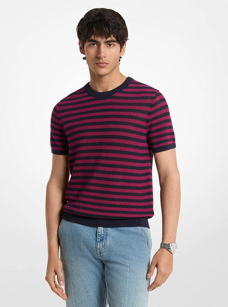 Striped Mesh Cotton Short-Sleeve Sweater in WINEBERRY | Michael Kors