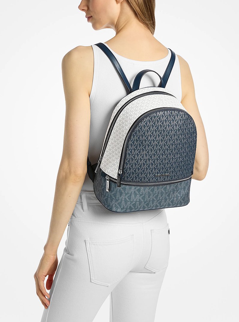 Rhea Medium Metallic Signature Logo Backpack in NAVY | Michael Kors