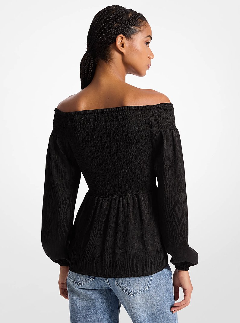 Smocked Moir&eacute; Jacquard Off-The-Shoulder Top in BLACK | Michael Kors