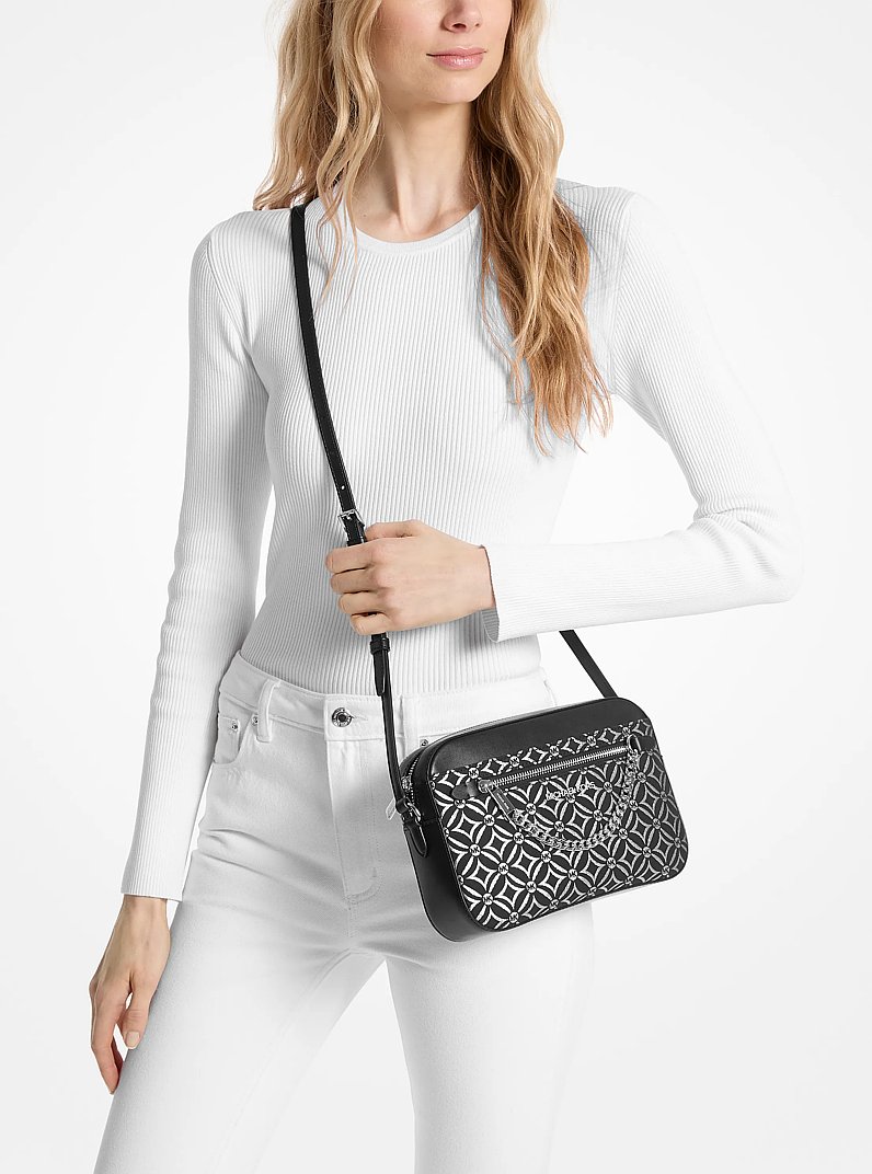 Jet Set Large Metallic Logo Jacquard Crossbody Bag in BLACK/SILVER | Michael Kors