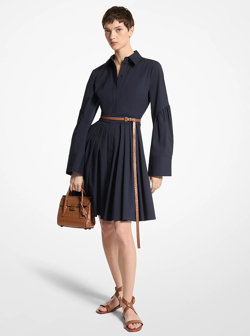 Stretch Organic Cotton Poplin Bell-Sleeve Shirtdress in MIDNIGHT | Michael Kors