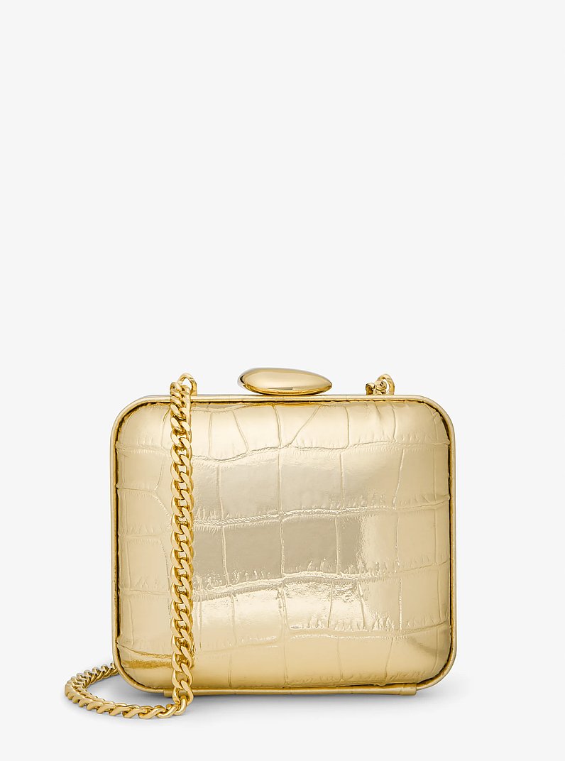 Tina Mini Metallic Crocodile Embossed Leather Minaudie re in GOLD | Michael Kors