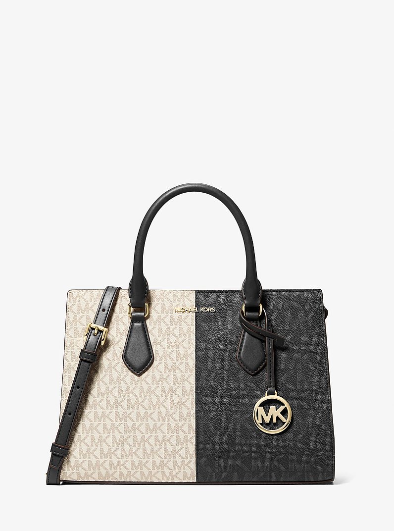 Sheila Medium Two-Tone Metallic Signature Logo Satchel in BLACK