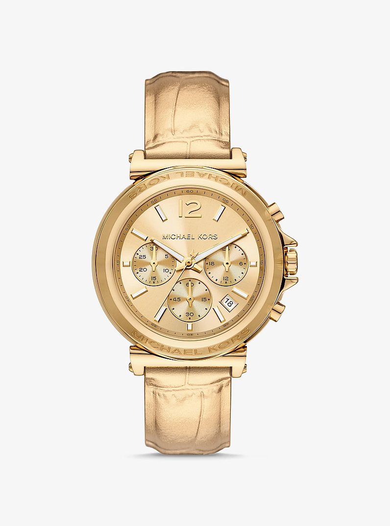 Oversized Maren Gold-Tone and Metallic Crocodile Embossed Leather Watch in GOLD | Michael Kors