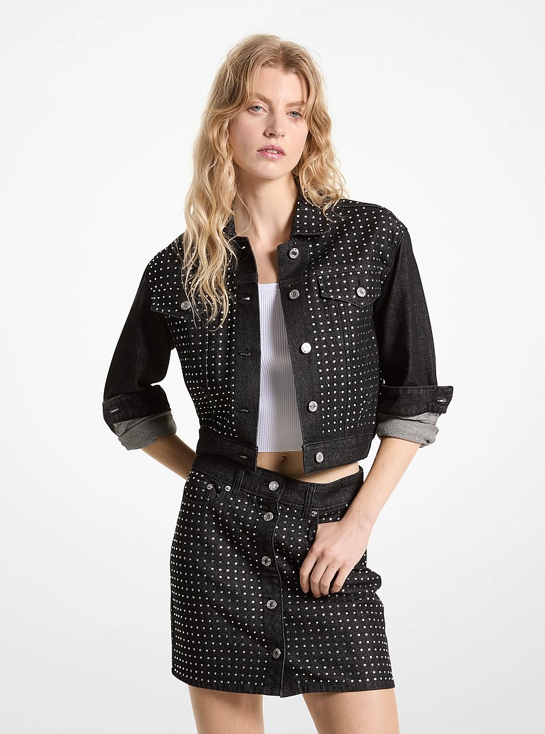 Embellished Stretch Denim Jacket in BLACK RINSE | Michael Kors
