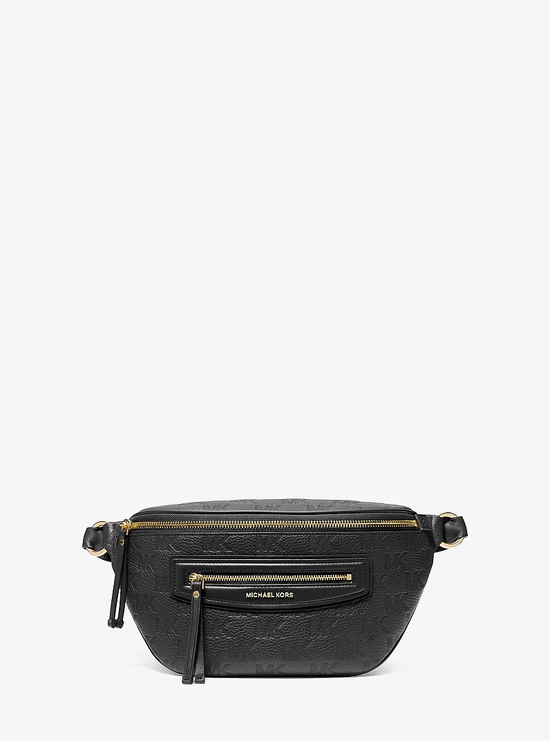 Jet Set Travel Medium Logo Embossed Leather Sling Pack in BLACK | Michael Kors