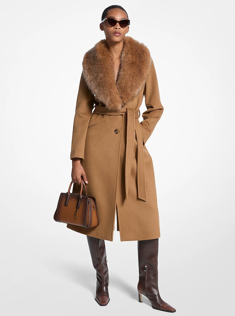 Faux Fur Trim Wool Blend Coat in DARK CAMEL | Michael Kors