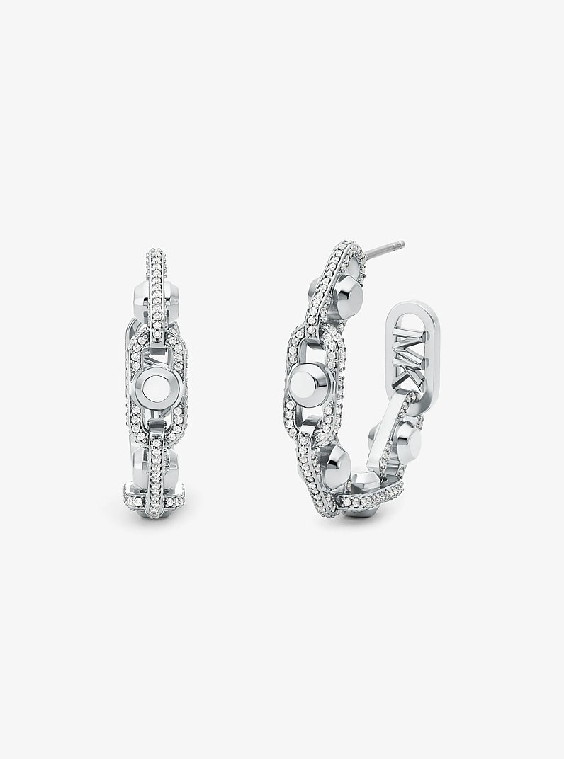Astor Link Medium Precious Metal-Plated Brass Pav&eacute; Hoop Earrings in SILVER | Michael Kors
