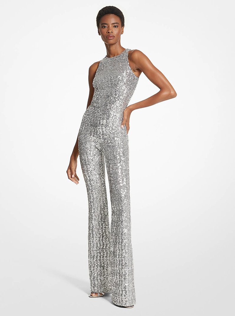 Sequined Stretch Tulle Flared Leg Jumpsuit in SILVER | Michael Kors