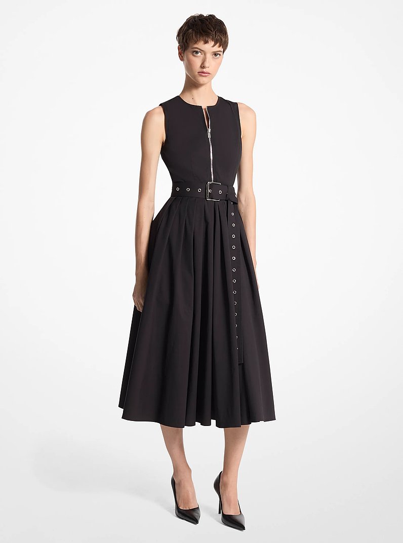 Stretch Cotton Poplin Belted Zip-Up Sleeveless Dress in BLACK - Sale | Michael  Kors [US]
