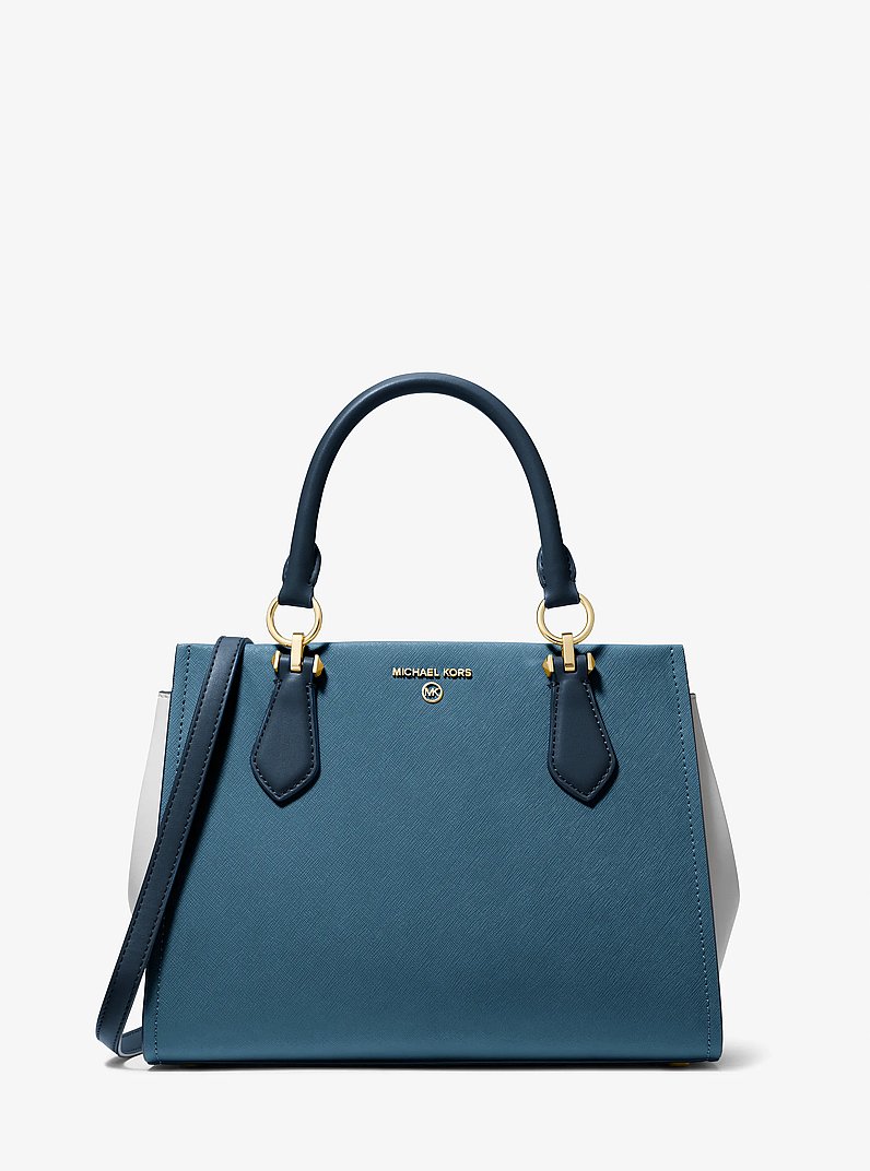 Marilyn Medium Color-Block Saffiano Leather Satchel in DK CHBRY MLT | Michael Kors