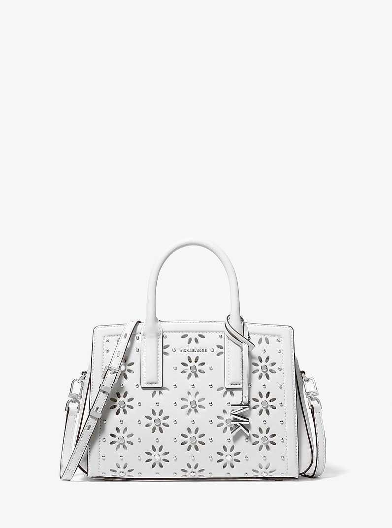 Laila Small Embellished Laser Cut Leather Satchel in OPTIC WHITE | Michael Kors