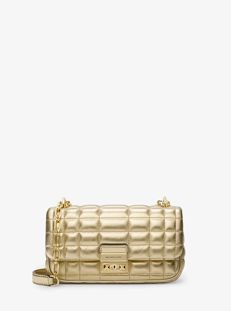Tribeca Small Quilted Metallic Leather Shoulder Bag in PALE GOLD | Michael Kors