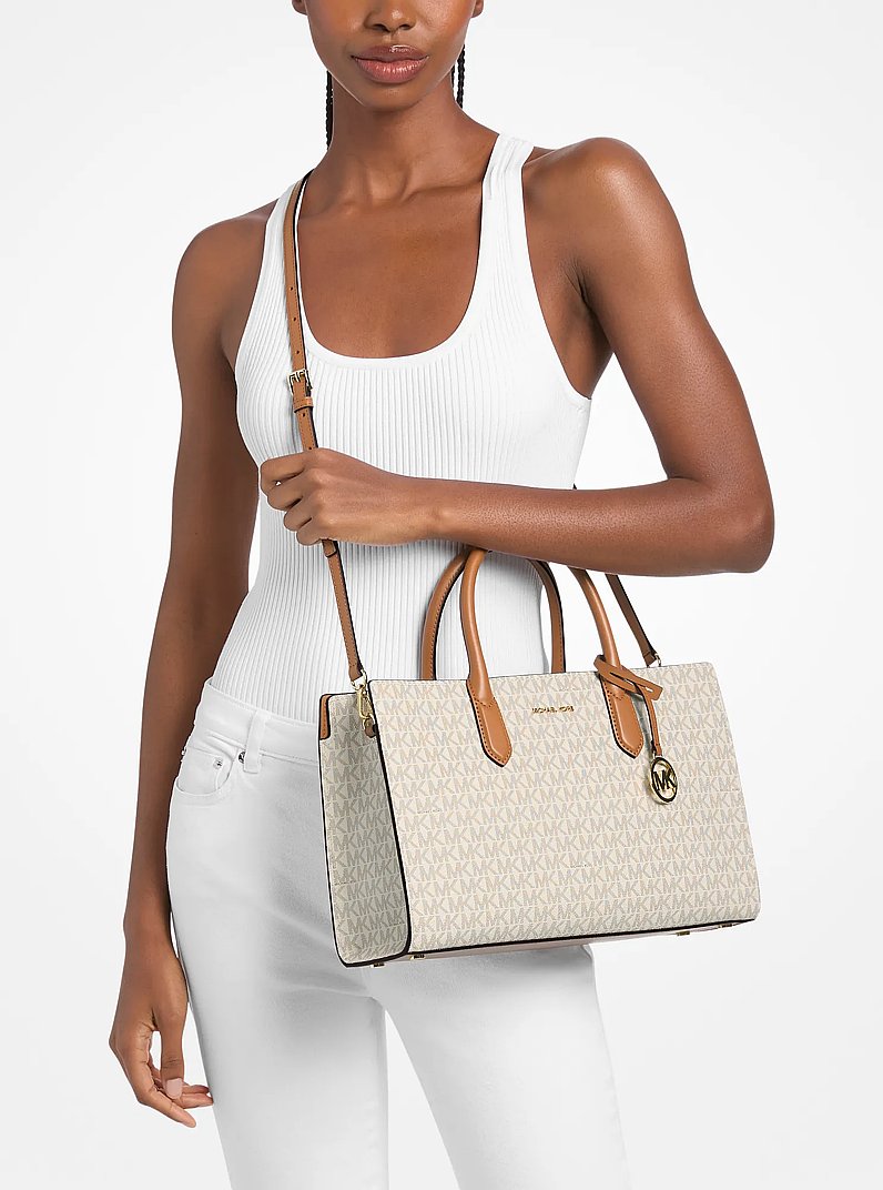 Scarlett Medium Signature Logo Satchel in VANILLA/ACORN | Michael Kors