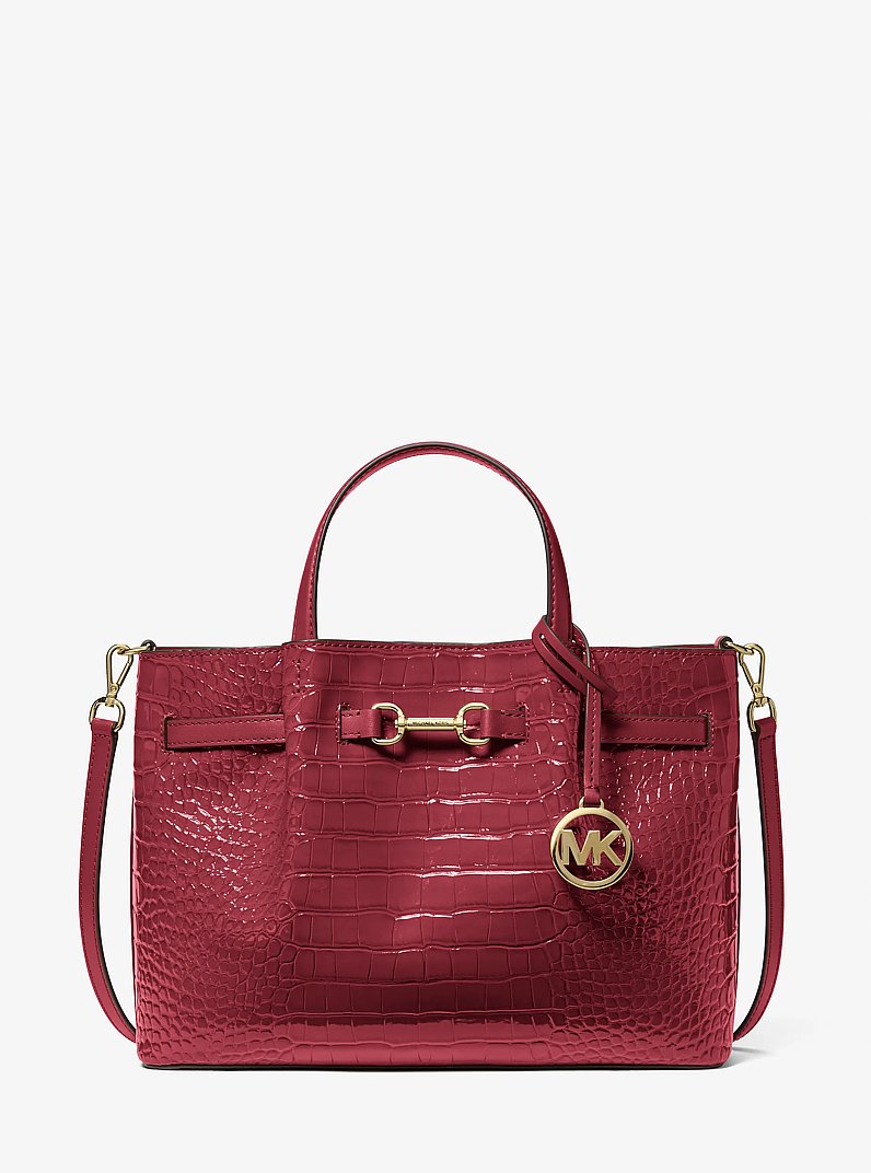 Carson Medium Crocodile Embossed Satchel in CHERRY | Michael Kors
