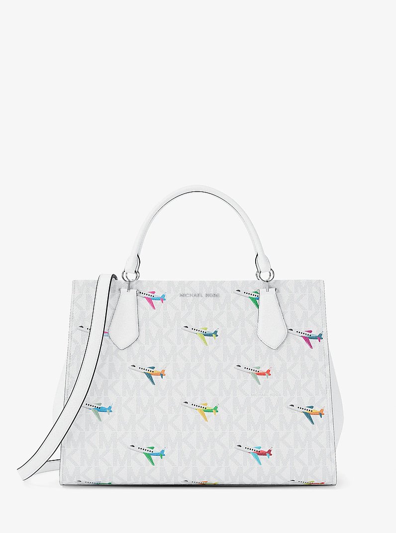 Marilyn Medium Printed Signature Logo Satchel in OPTIC WHITE