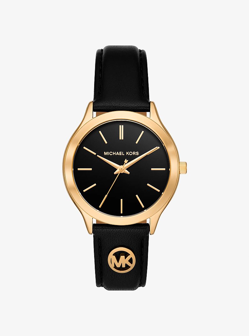 Slim Runway Gold-Tone and Leather Watch in BLACK | Michael Kors